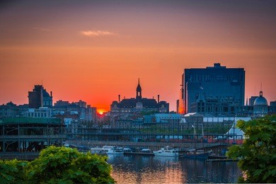 red sunset at montreal old port