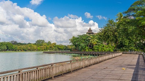 panoramic view of kandawgyi lake and park in yangon city, myanmar, asia