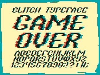 glitch typeface game over. glitched font and numbers set. 