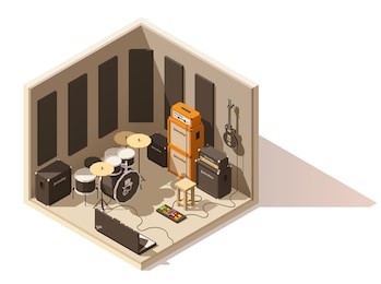 vector isometric low poly recording studio icon. includes recording space, guitars, drum kit and other music equipment
