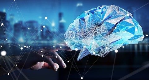 businessman touching digital human brain with cell and neurons activity 3d rendering