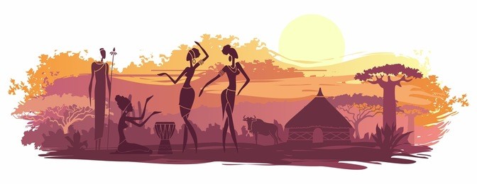 sunset in africa with the silhouettes of national housing, baobabs, acacia, wildebeest and dancing natives