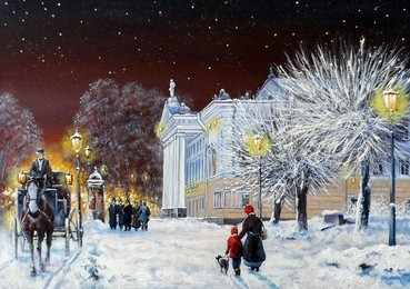 vintage, old city, oil paintings, winter.