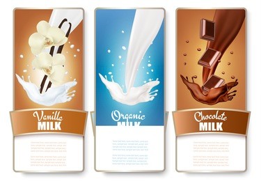 set of three labels of milk, chocolate and vanilla milk splashes. vector.