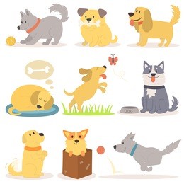 vector set of funny cartoon dogs characters illustration.