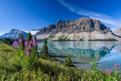 bow lake near icefields parkway, banff, rocky mountains, alberta, canada