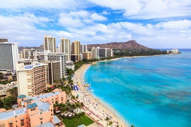 honolulu, hawaii. skyline of honolulu, diamond head volcano including the hotels and buildings on waikiki beach.