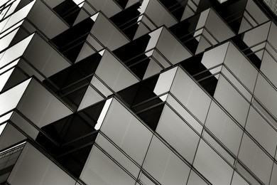 modern asian architecture juxtapose with trees clean lines pillars columns empty streets angular structures 