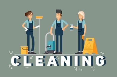 cleaning company vector concept design. cleaning staff characters with cleaning equipment in trendy flat design. friendly smiling janitor workers standing. professional housekeeper