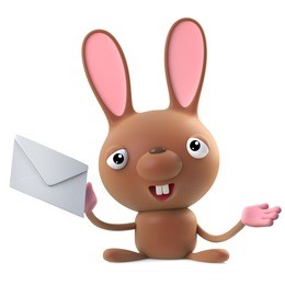 3d render of a cute and funny cartoon easter bunny rabbit character holding an envelope.