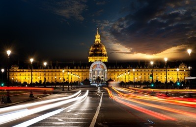 les invalides in paris with evening illumination, france