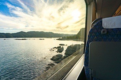 the view from the train window overlooking the sea.