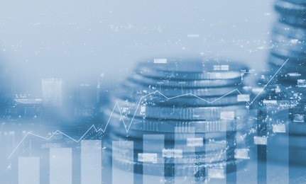 double exposure coins with night city and column graph, finance and banking concept