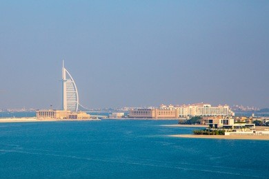 amazing view on the burj al arab luxury hotel in dubai from the aqua world park. 