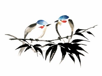 ink illustration of two little birds with red cheeks and blue heads sitting on bamboo branch. sumi-e, u-sin, guohua painting style. silhouette made up of brush strokes isolated on white background.