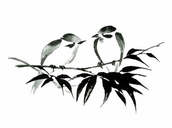 ink illustration of two little birds sitting on the bamboo branch. sumi-e, u-sin, guohua painting style. silhouette made up of black brush strokes isolated on white background.