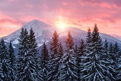beautiful red sunset in winter mountain