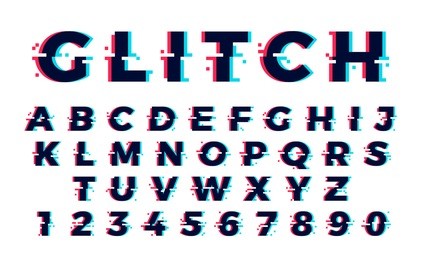 vector distorted glitch font. trendy style lettering typeface. latin letters from a to z and numbers from 0 to 9. green and red channels.