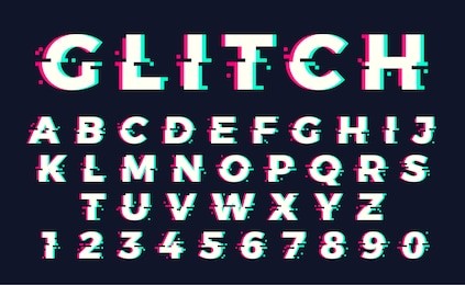 vector distorted glitch font. trendy style lettering typeface. latin letters from a to z and numbers from 0 to 9. green and red channels.