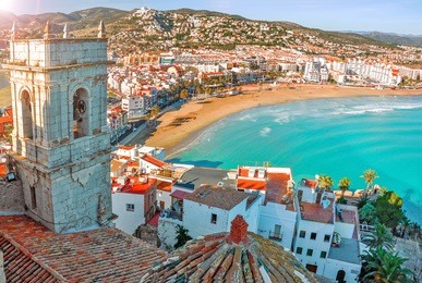 view of the sea from a height of pope luna's castle. valencia, spain.  peniscola. castell. the medieval castle of the knights templar on the beach. beautiful view of the sea and the bay.