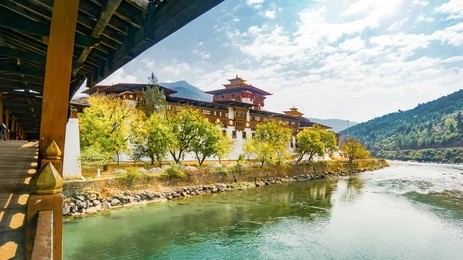the punakha dzong monastery in bhutan asia one of the largest monestary in asia with the landscape river and mountains background, punakha,bhutan