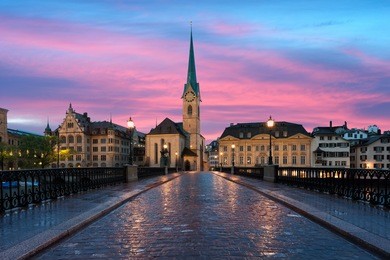 zurich. image of zurich, capital of switzerland, during dramatic sunset.