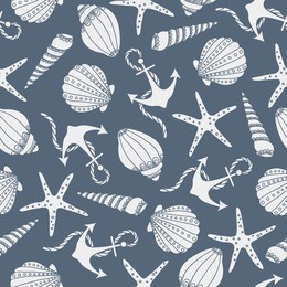seashells, sea stars icons and anchors seamless pattern vector. colorful background vector. marine illustration with starfishes and shells icon collection. decorative wallpaper, good for printing