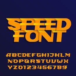 speed alphabet font. effect italic type letters and numbers on a dark background. vector typeface for your design.