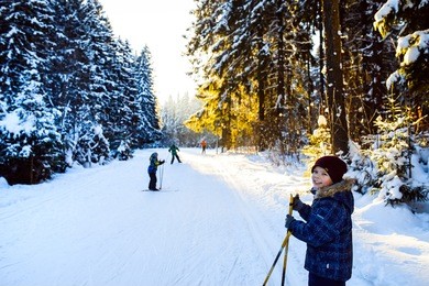 boys on skis in winter forest