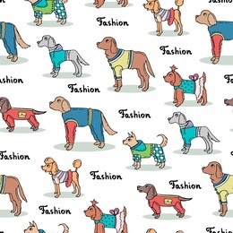 vector seamless pattern with hand drawn colored dogs. pattern on the theme of fashion, clothes for dogs. background for use in design, packing, web site, fabric