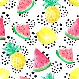 seamless pattern with watercolor pineapple, lemon and watermelon in bright colors inspired by summer vacation. hand painted exotic fruits and ink brush stroke. background perfect for fabric textile