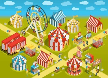 amusement park travel circus attractions colorful isometric poster with classic striped tents and ferris observation wheel vector illustration 