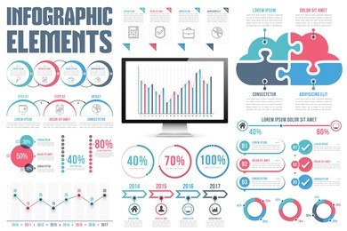 infographic elements - process infographics, percents, bar chart and line chart, steps, options, timeline infographics, pie chart, puzzle cloud, vector eps10 illustration