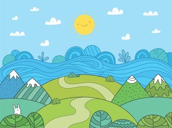 cute cartoon meadow with mountain, river and bunny