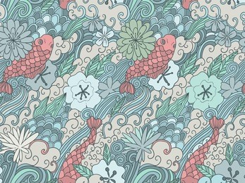 seamless pattern with japanese garden flowers and carps. tile background for your design, fabric textile, wallpaper or wrapping paper. beautiful doodle fish and plants