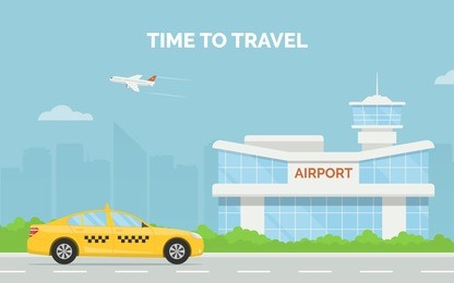 horizontal cartoon banner with airport terminal taxi car and a plane taking off in the background a city skyline. vector flat design illustration of modern airport building and taxi service transfer