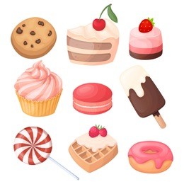 set of delicious sweets and desserts for valentine day