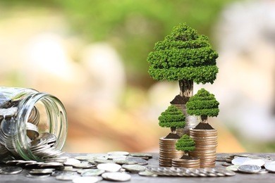 trees growing on coins money and glass bottle on green background, investment and business concept