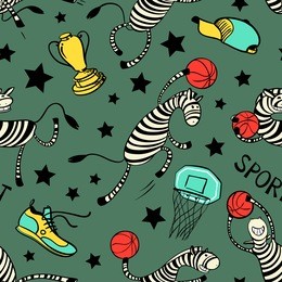 basketball game seamless pattern with doodle cute zebra player. background with sport attribute - cup, basket, shoe, stars, ball. action poses. vector illustration