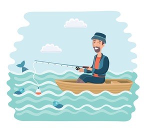 vector cartoon illustration of smiling man fishing on the boat.