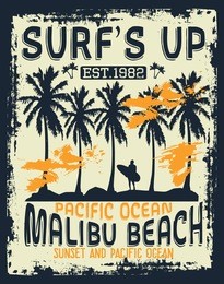 malibu beach surfing, sunset and pacific ocean typography, t-shirt graphics, vectors