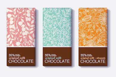 vector set of chocolate bar package designs with vintage floral patterns. milk, dark, almond. editable packaging template collection.