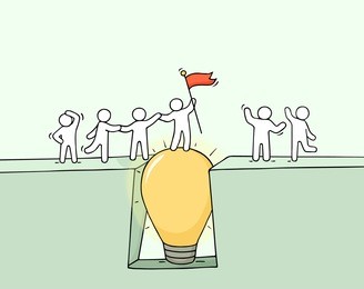 cartoon working little people cross the abyss. doodle cute miniature scene of team on the bridge like lamp idea. hand drawn vector illustration for business design and infographic