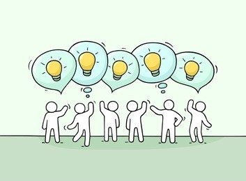 crowd of working little people with speech bubbles and lamp ideas. doodle cute miniature scene with creative messages. hand drawn cartoon vector illustration for business design