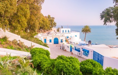 sidi bou said, famouse village with traditional tunisian architecture. shot an sunset. 
