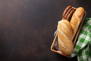 fresh bread on stone table. top view with space for your text