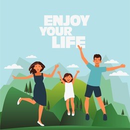 happy family jumping on mountain landscape background. father, mother and daughter. travel, vacation, holidays and adventure vector concept illustration.  poster design style