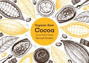 vector illustration frame with cocoa products. handmade chocolate, organic food. vintage elements for design.