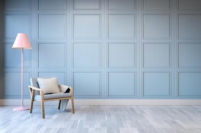 minimalist  interior design,light green armchair with pink lamp on blue frame wall and white wood flooring , 3d render 