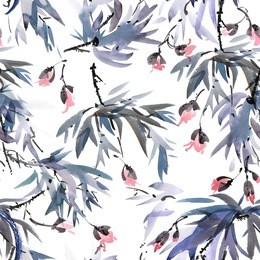 watercolor and ink illustration of blossom tree. sumi-e, u-sin painting. seamless pattern.